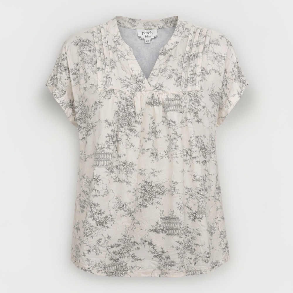 Perch by Blu Pepper Toile Print Blouse 2X Cream Gray V Neck French Feminine‎